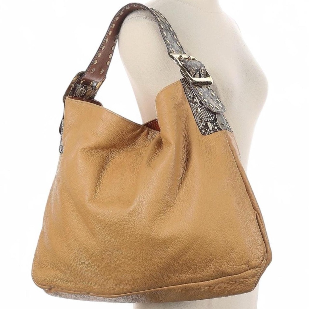 Be & D Crawford Studded Tan Leather Hobo Bag Python Snakeskin Strap